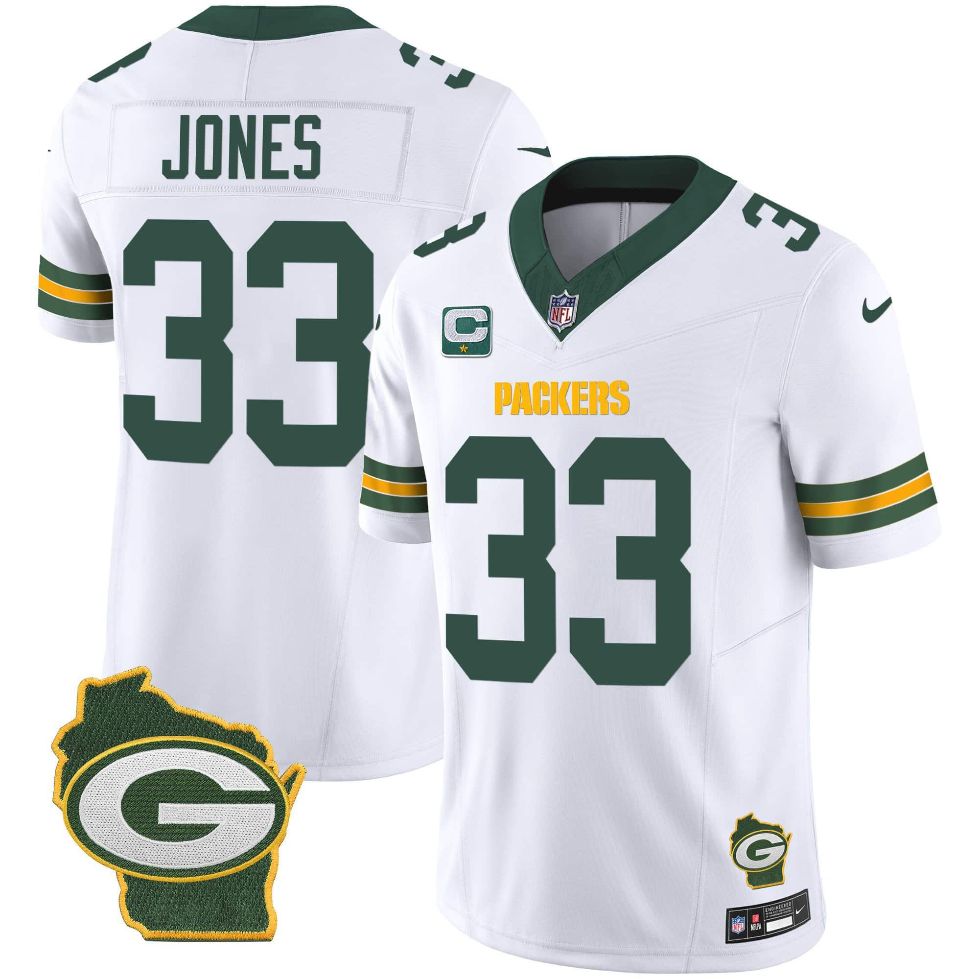 Men Green Bay Packers 33 Jones White 2024 Nike Home Patch Vapor NFL Jersey